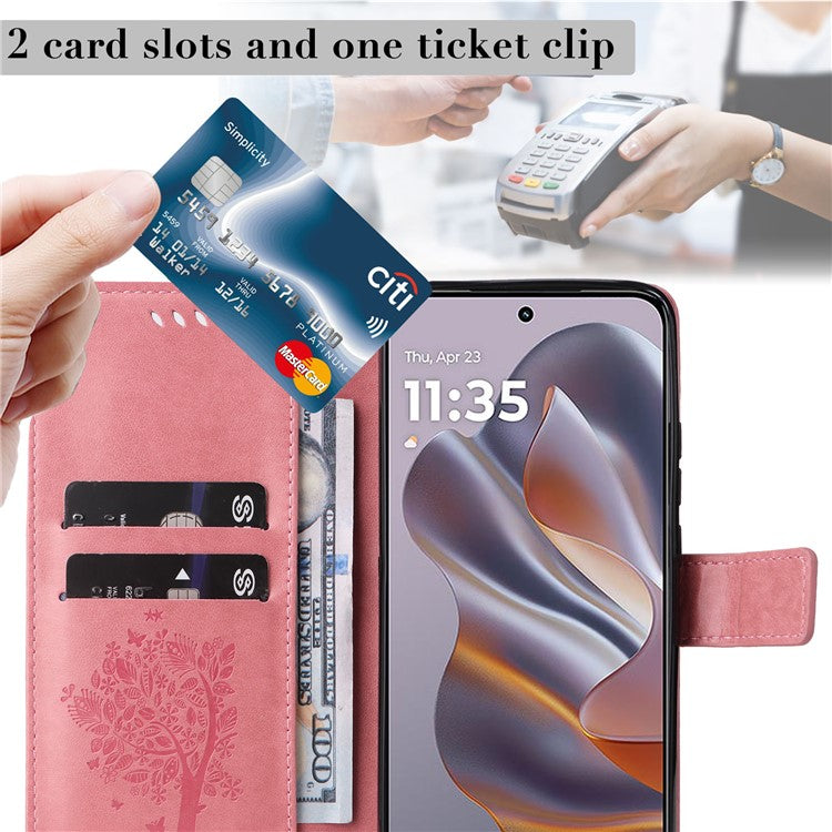 KT Imprinting Flower Series-3 For Motorola Edge 50 Neo 5G Case Cat Tree Pattern Flip Leather Phone Cover - Pink