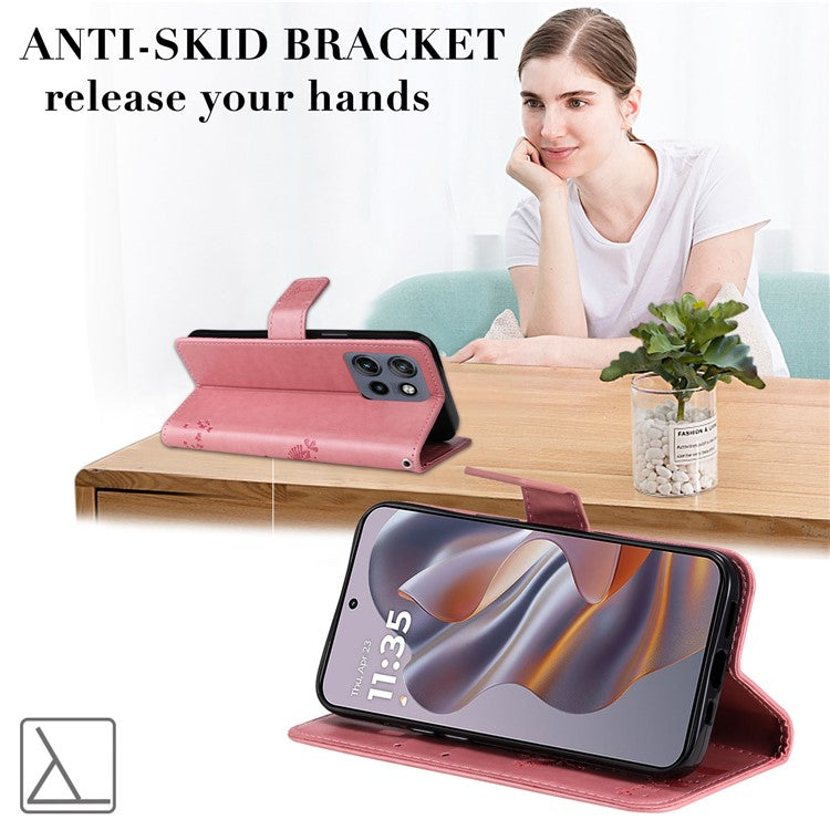 KT Imprinting Flower Series-3 For Motorola Edge 50 Neo 5G Case Cat Tree Pattern Flip Leather Phone Cover - Pink