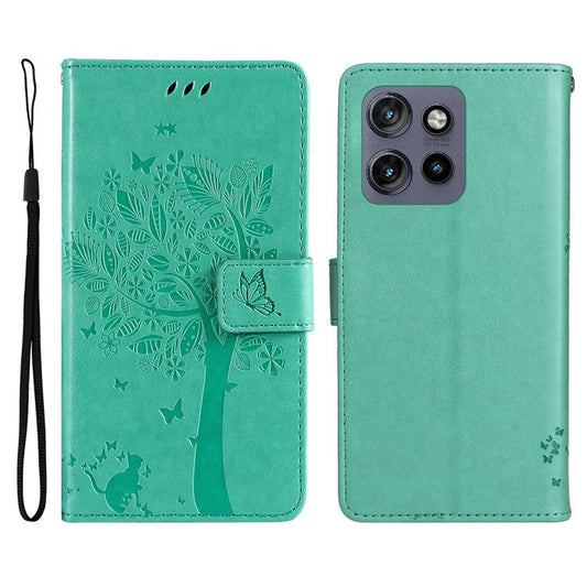 KT Imprinting Flower Series-3 For Motorola Edge 50 Neo 5G Case Cat Tree Pattern Flip Leather Phone Cover - Green