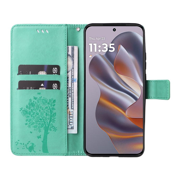 KT Imprinting Flower Series-3 For Motorola Edge 50 Neo 5G Case Cat Tree Pattern Flip Leather Phone Cover - Green