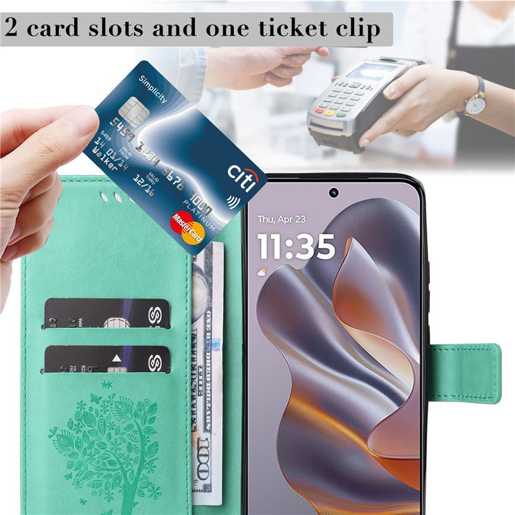 KT Imprinting Flower Series-3 For Motorola Edge 50 Neo 5G Case Cat Tree Pattern Flip Leather Phone Cover - Green