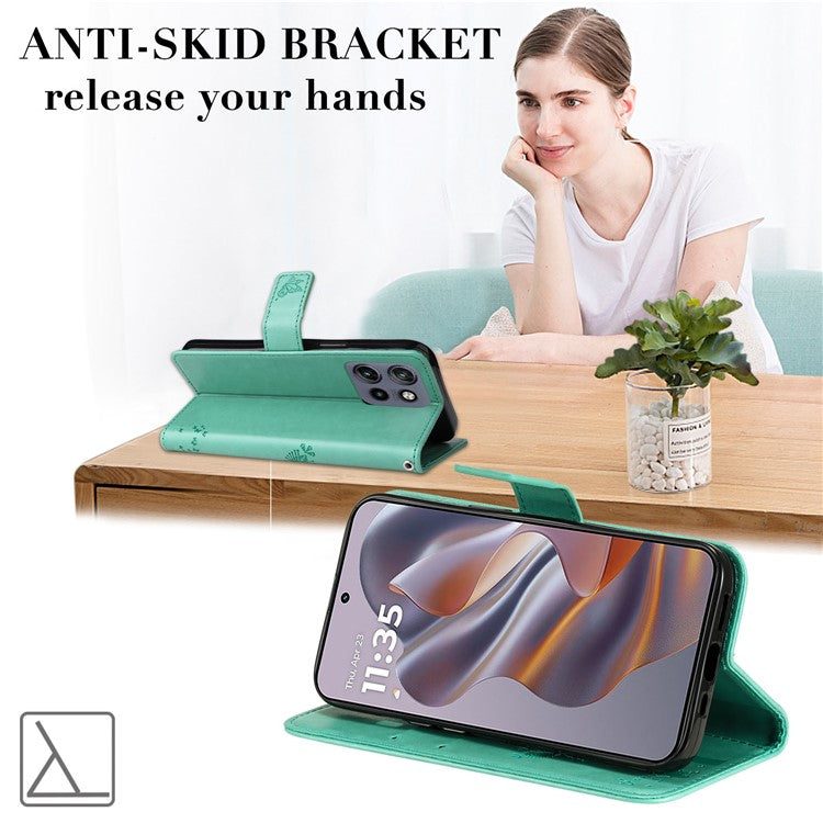 KT Imprinting Flower Series-3 For Motorola Edge 50 Neo 5G Case Cat Tree Pattern Flip Leather Phone Cover - Green