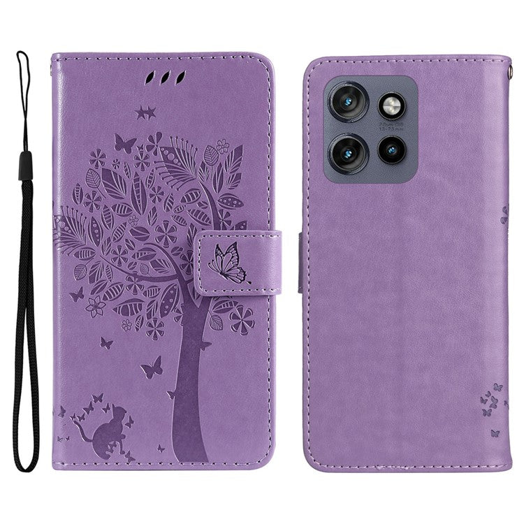 KT Imprinting Flower Series-3 For Motorola Edge 50 Neo 5G Case Cat Tree Pattern Flip Leather Phone Cover - Light Purple