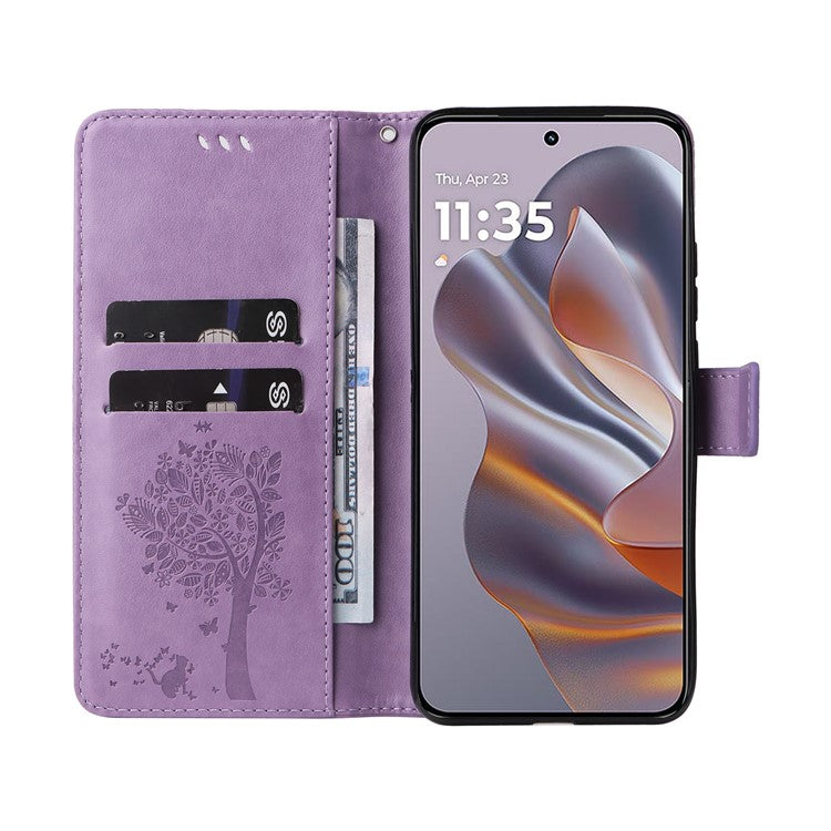 KT Imprinting Flower Series-3 For Motorola Edge 50 Neo 5G Case Cat Tree Pattern Flip Leather Phone Cover - Light Purple