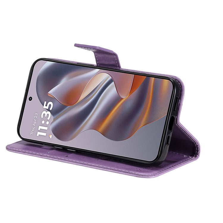 KT Imprinting Flower Series-3 For Motorola Edge 50 Neo 5G Case Cat Tree Pattern Flip Leather Phone Cover - Light Purple