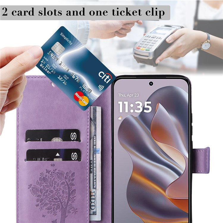 KT Imprinting Flower Series-3 For Motorola Edge 50 Neo 5G Case Cat Tree Pattern Flip Leather Phone Cover - Light Purple