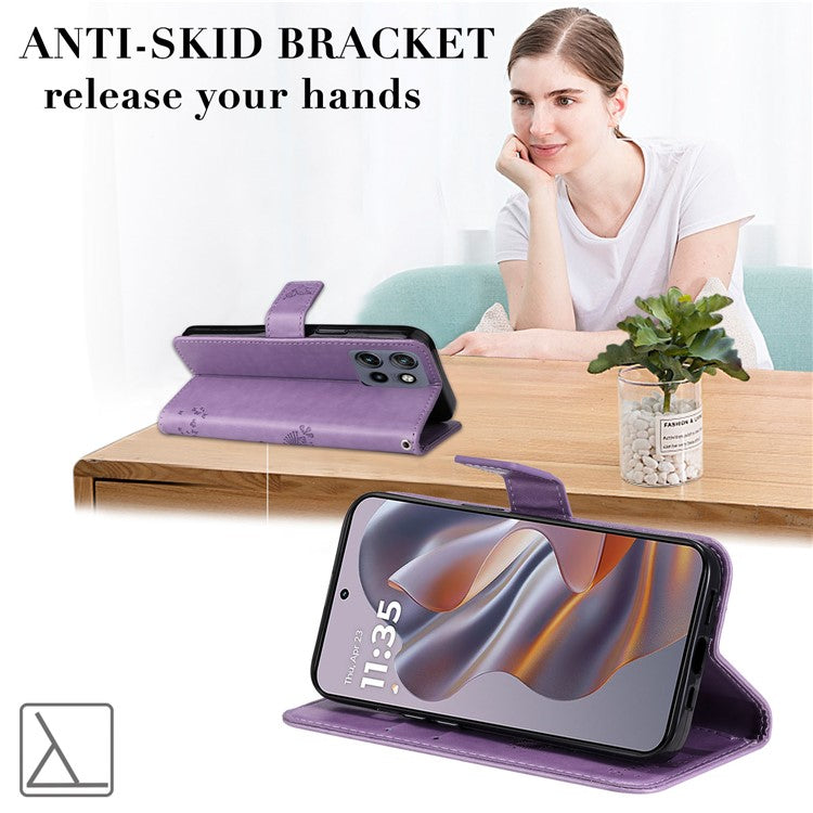KT Imprinting Flower Series-3 For Motorola Edge 50 Neo 5G Case Cat Tree Pattern Flip Leather Phone Cover - Light Purple