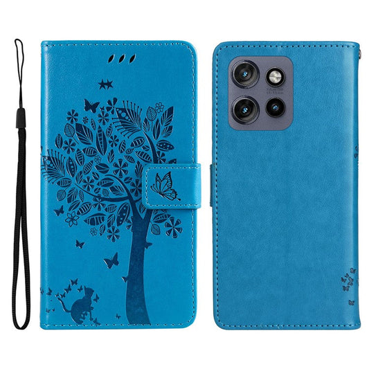 KT Imprinting Flower Series-3 For Motorola Edge 50 Neo 5G Case Cat Tree Pattern Flip Leather Phone Cover - Blue