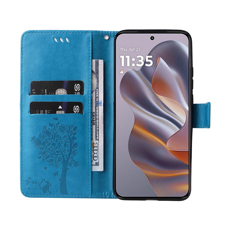 KT Imprinting Flower Series-3 For Motorola Edge 50 Neo 5G Case Cat Tree Pattern Flip Leather Phone Cover - Blue