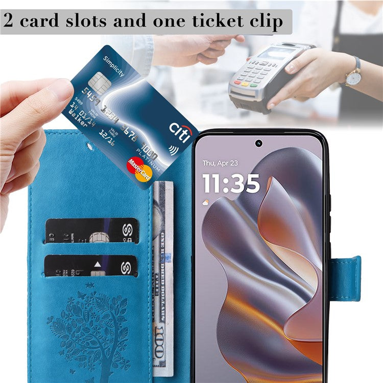 KT Imprinting Flower Series-3 For Motorola Edge 50 Neo 5G Case Cat Tree Pattern Flip Leather Phone Cover - Blue