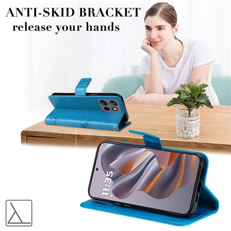 KT Imprinting Flower Series-3 For Motorola Edge 50 Neo 5G Case Cat Tree Pattern Flip Leather Phone Cover - Blue