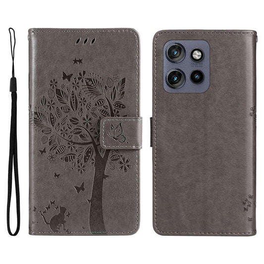 KT Imprinting Flower Series-3 For Motorola Edge 50 Neo 5G Case Cat Tree Pattern Flip Leather Phone Cover - Grey