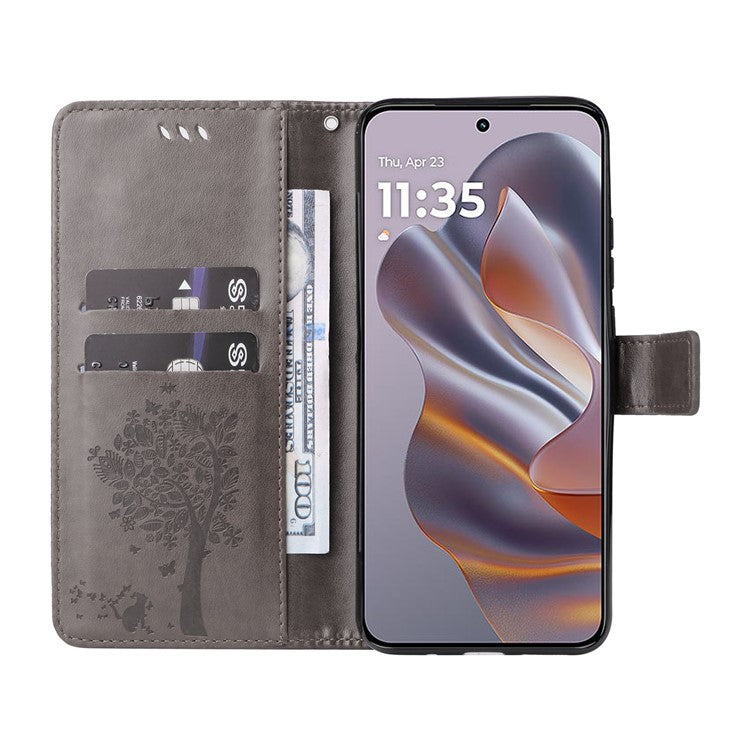 KT Imprinting Flower Series-3 For Motorola Edge 50 Neo 5G Case Cat Tree Pattern Flip Leather Phone Cover - Grey