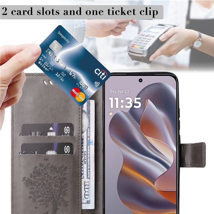 KT Imprinting Flower Series-3 For Motorola Edge 50 Neo 5G Case Cat Tree Pattern Flip Leather Phone Cover - Grey