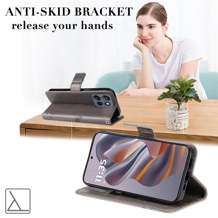 KT Imprinting Flower Series-3 For Motorola Edge 50 Neo 5G Case Cat Tree Pattern Flip Leather Phone Cover - Grey