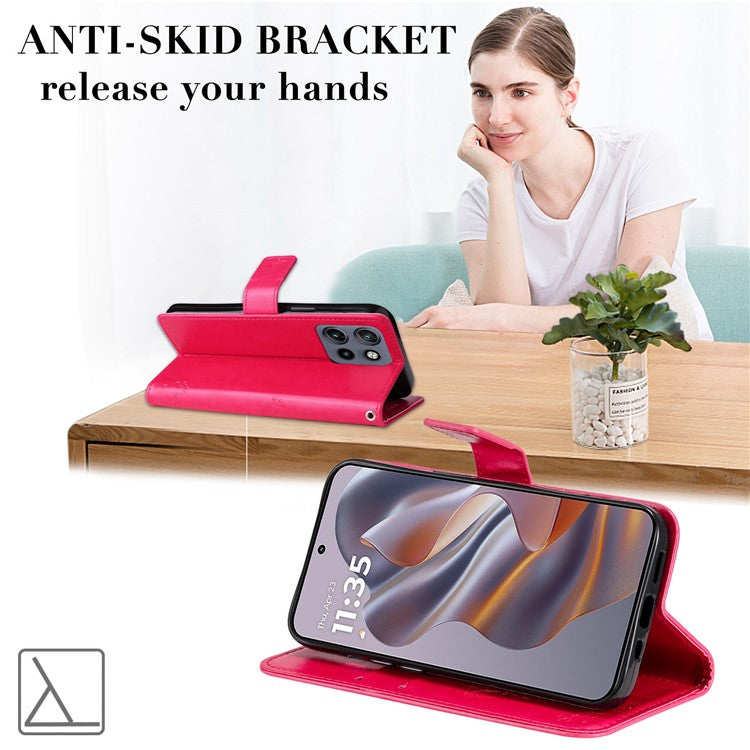 KT Imprinting Flower Series-3 For Motorola Edge 50 Neo 5G Case Cat Tree Pattern Flip Leather Phone Cover - Rose