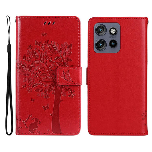 KT Imprinting Flower Series-3 For Motorola Edge 50 Neo 5G Case Cat Tree Pattern Flip Leather Phone Cover - Red