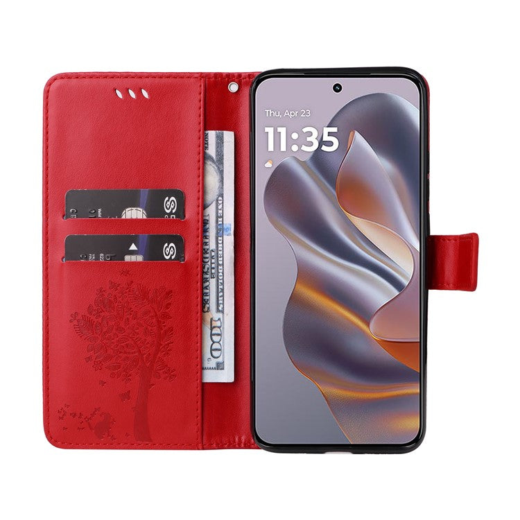 KT Imprinting Flower Series-3 For Motorola Edge 50 Neo 5G Case Cat Tree Pattern Flip Leather Phone Cover - Red