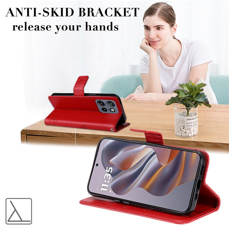 KT Imprinting Flower Series-3 For Motorola Edge 50 Neo 5G Case Cat Tree Pattern Flip Leather Phone Cover - Red