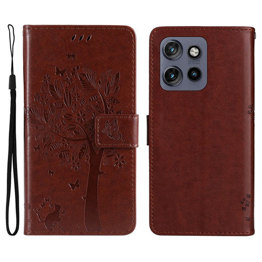 KT Imprinting Flower Series-3 For Motorola Edge 50 Neo 5G Case Cat Tree Pattern Flip Leather Phone Cover - Coffee