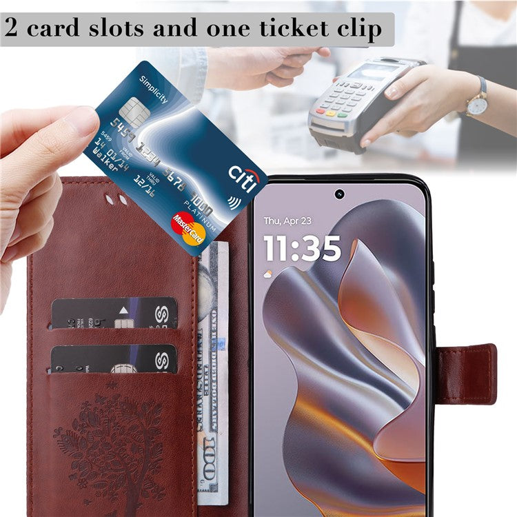 KT Imprinting Flower Series-3 For Motorola Edge 50 Neo 5G Case Cat Tree Pattern Flip Leather Phone Cover - Coffee