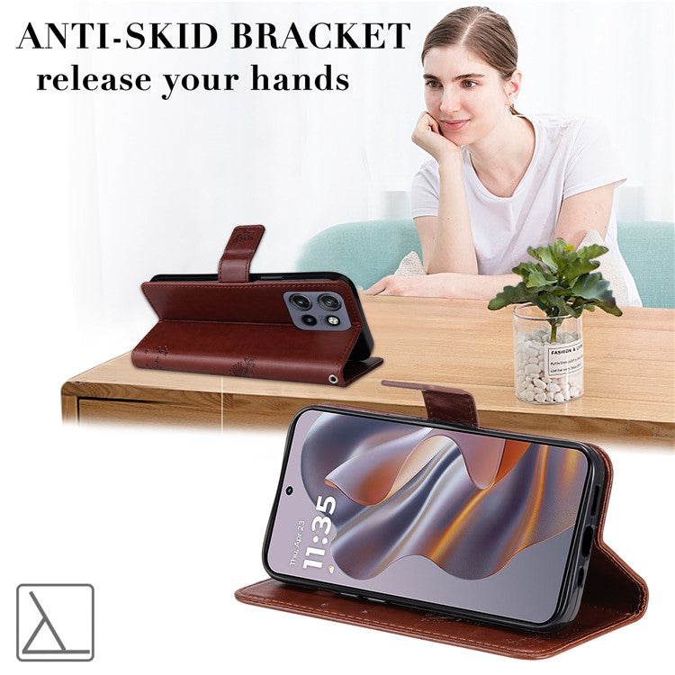 KT Imprinting Flower Series-3 For Motorola Edge 50 Neo 5G Case Cat Tree Pattern Flip Leather Phone Cover - Coffee