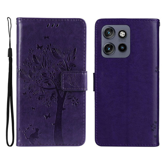 KT Imprinting Flower Series-3 For Motorola Edge 50 Neo 5G Case Cat Tree Pattern Flip Leather Phone Cover - Purple