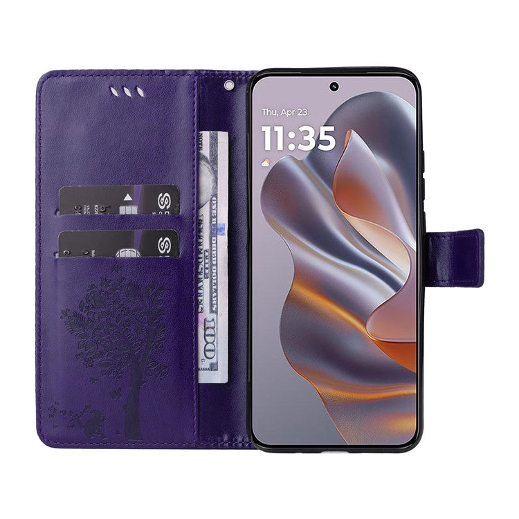 KT Imprinting Flower Series-3 For Motorola Edge 50 Neo 5G Case Cat Tree Pattern Flip Leather Phone Cover - Purple