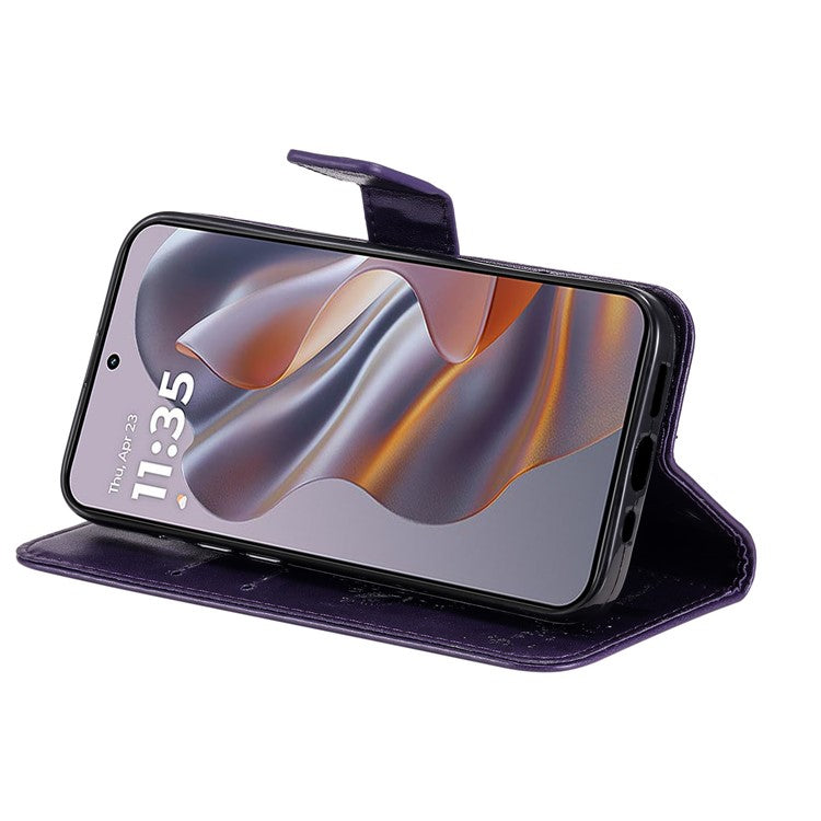 KT Imprinting Flower Series-3 For Motorola Edge 50 Neo 5G Case Cat Tree Pattern Flip Leather Phone Cover - Purple