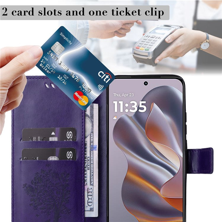 KT Imprinting Flower Series-3 For Motorola Edge 50 Neo 5G Case Cat Tree Pattern Flip Leather Phone Cover - Purple