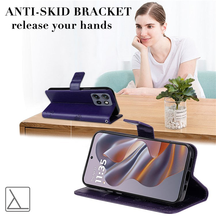 KT Imprinting Flower Series-3 For Motorola Edge 50 Neo 5G Case Cat Tree Pattern Flip Leather Phone Cover - Purple