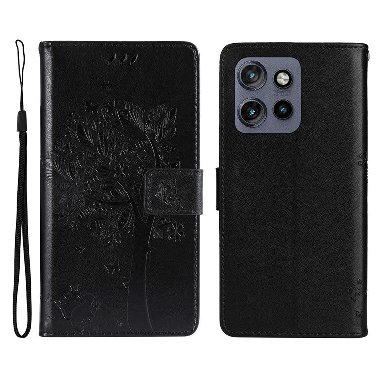 KT Imprinting Flower Series-3 For Motorola Edge 50 Neo 5G Case Cat Tree Pattern Flip Leather Phone Cover - Black