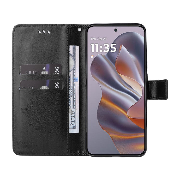 KT Imprinting Flower Series-3 For Motorola Edge 50 Neo 5G Case Cat Tree Pattern Flip Leather Phone Cover - Black