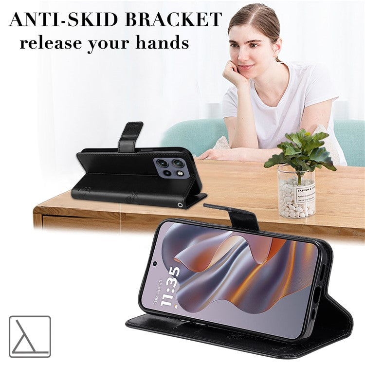 KT Imprinting Flower Series-3 For Motorola Edge 50 Neo 5G Case Cat Tree Pattern Flip Leather Phone Cover - Black