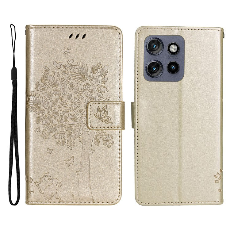 KT Imprinting Flower Series-3 For Motorola Edge 50 Neo 5G Case Cat Tree Pattern Flip Leather Phone Cover - Gold
