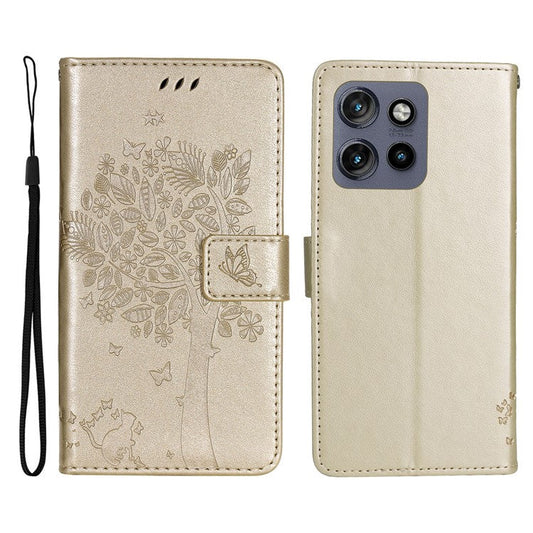 KT Imprinting Flower Series-3 For Motorola Edge 50 Neo 5G Case Cat Tree Pattern Flip Leather Phone Cover - Gold