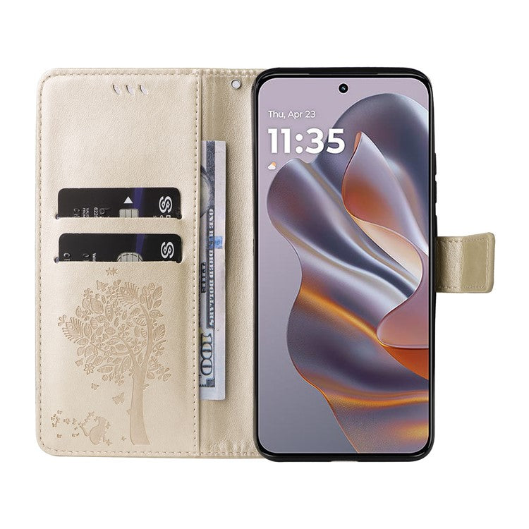 KT Imprinting Flower Series-3 For Motorola Edge 50 Neo 5G Case Cat Tree Pattern Flip Leather Phone Cover - Gold