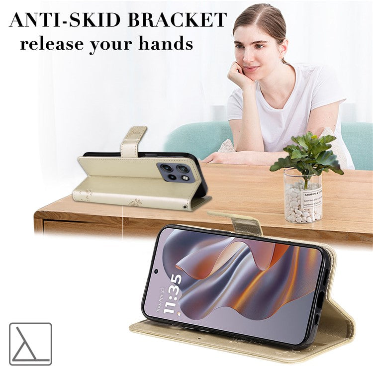 KT Imprinting Flower Series-3 For Motorola Edge 50 Neo 5G Case Cat Tree Pattern Flip Leather Phone Cover - Gold