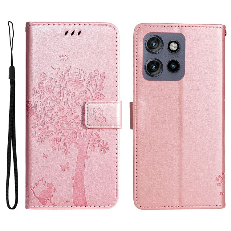 KT Imprinting Flower Series-3 For Motorola Edge 50 Neo 5G Case Cat Tree Pattern Flip Leather Phone Cover - Rose Gold