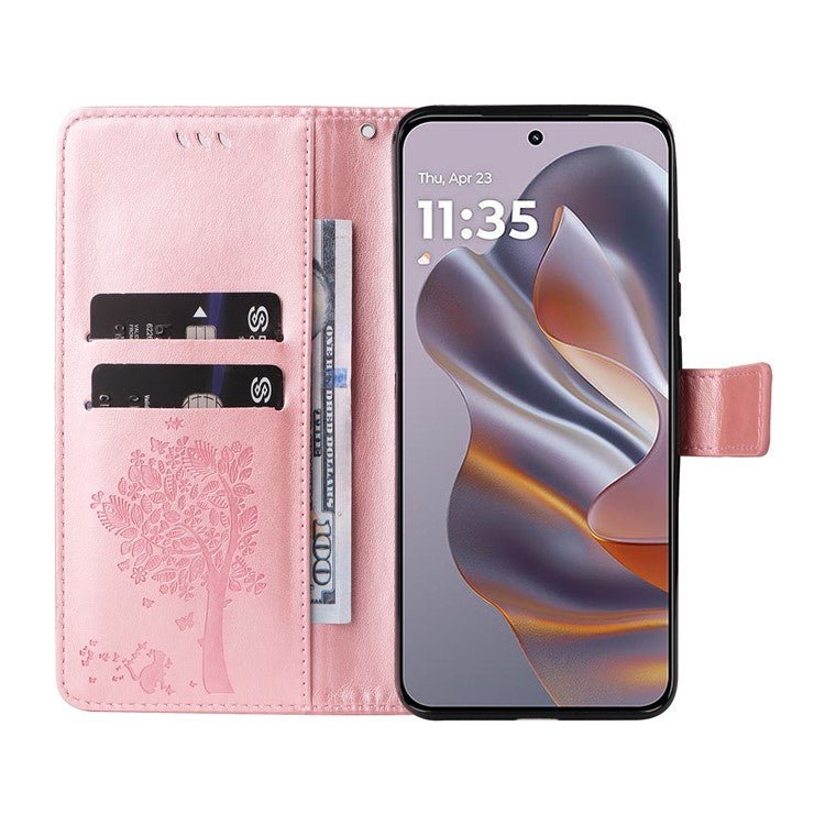 KT Imprinting Flower Series-3 For Motorola Edge 50 Neo 5G Case Cat Tree Pattern Flip Leather Phone Cover - Rose Gold