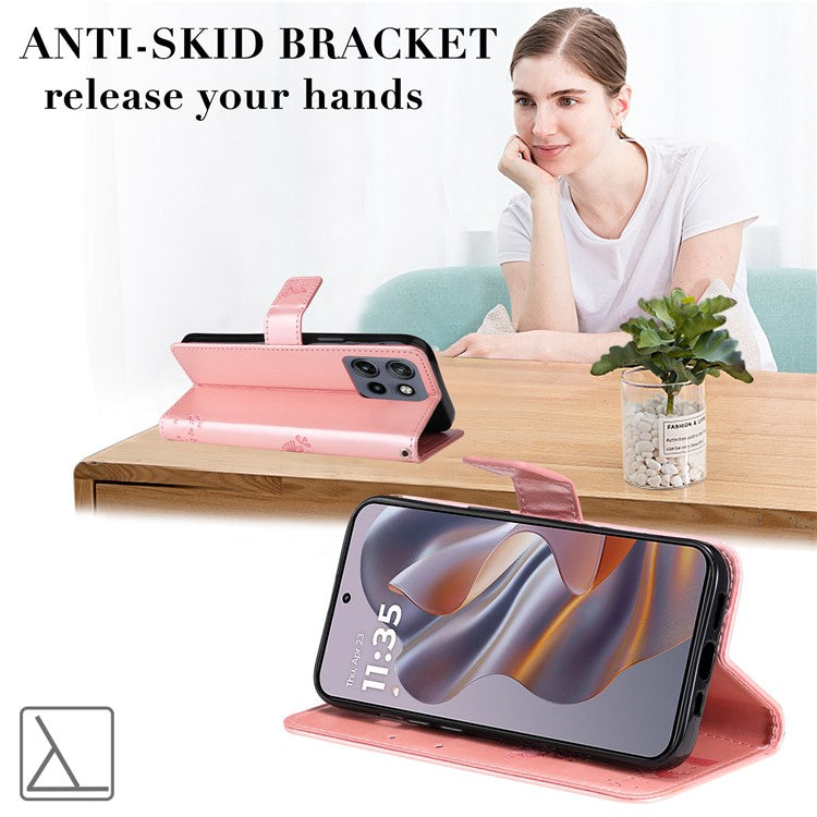 KT Imprinting Flower Series-3 For Motorola Edge 50 Neo 5G Case Cat Tree Pattern Flip Leather Phone Cover - Rose Gold