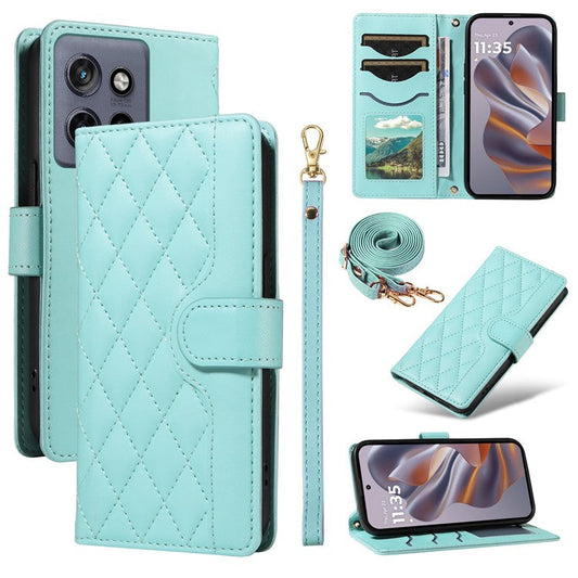 For Motorola Edge 50 Neo 5G / Moto S50 5G / Thinkphone 25 5G Case Wallet Rhombus Leather Phone Cover with Shoulder Strap, Wrist Strap - Green