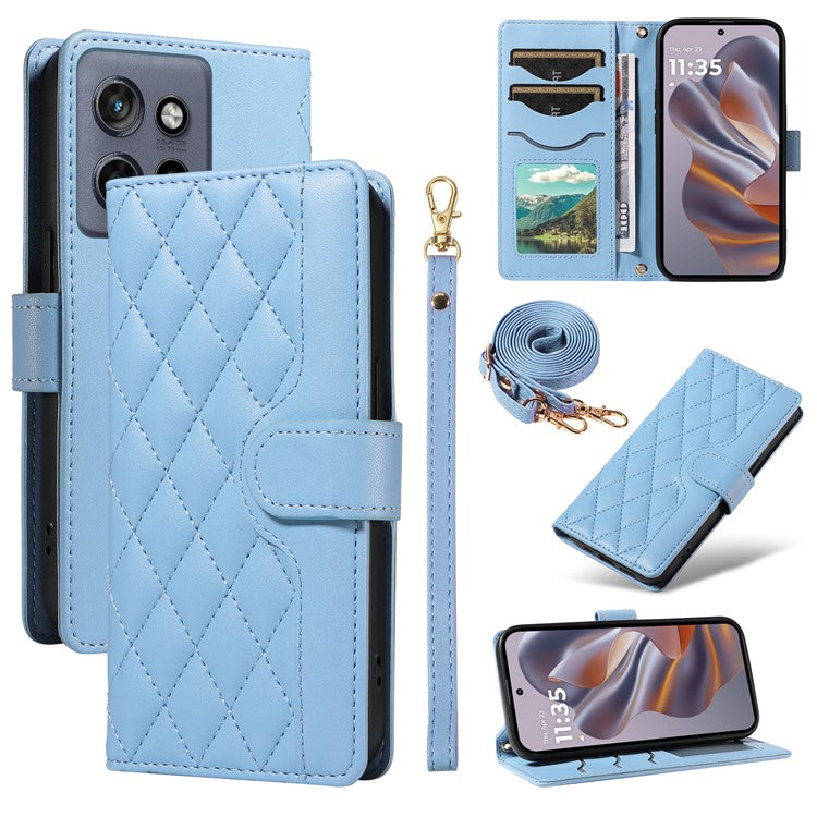 For Motorola Edge 50 Neo 5G / Moto S50 5G / Thinkphone 25 5G Case Wallet Rhombus Leather Phone Cover with Shoulder Strap, Wrist Strap - Blue