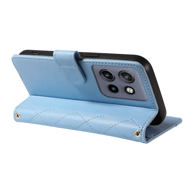 For Motorola Edge 50 Neo 5G / Moto S50 5G / Thinkphone 25 5G Case Wallet Rhombus Leather Phone Cover with Shoulder Strap, Wrist Strap - Blue