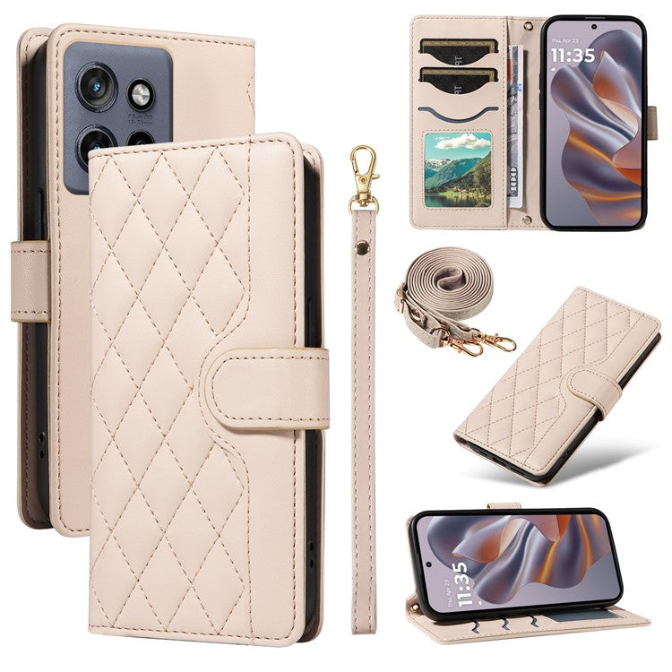 For Motorola Edge 50 Neo 5G / Moto S50 5G / Thinkphone 25 5G Case Wallet Rhombus Leather Phone Cover with Shoulder Strap, Wrist Strap - Apricot