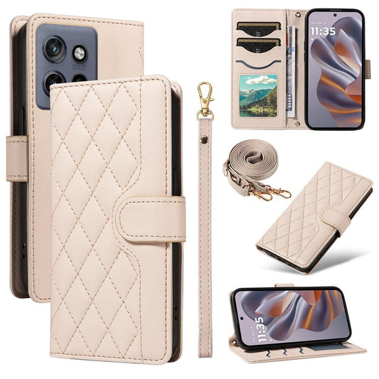 For Motorola Edge 50 Neo 5G / Moto S50 5G / Thinkphone 25 5G Case Wallet Rhombus Leather Phone Cover with Shoulder Strap, Wrist Strap - Apricot