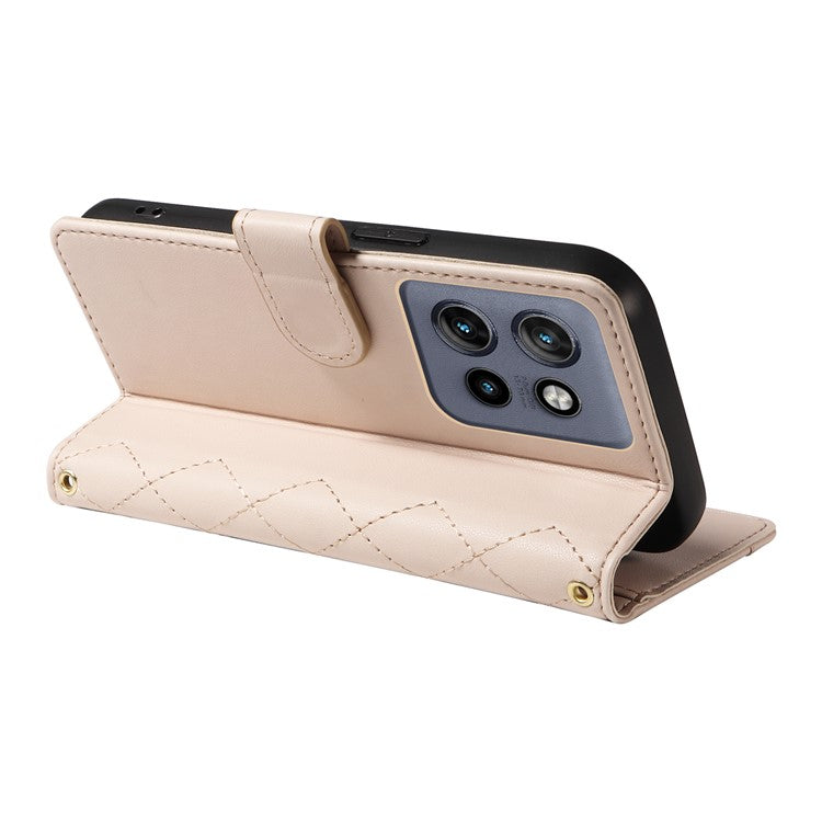 For Motorola Edge 50 Neo 5G / Moto S50 5G / Thinkphone 25 5G Case Wallet Rhombus Leather Phone Cover with Shoulder Strap, Wrist Strap - Apricot