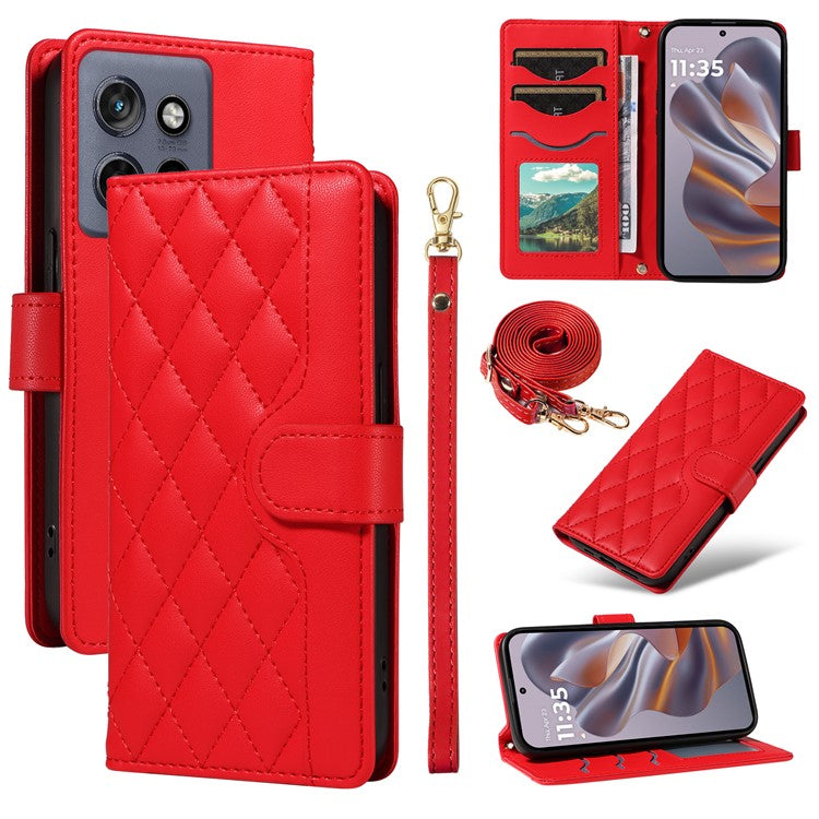 For Motorola Edge 50 Neo 5G / Moto S50 5G / Thinkphone 25 5G Case Wallet Rhombus Leather Phone Cover with Shoulder Strap, Wrist Strap - Red