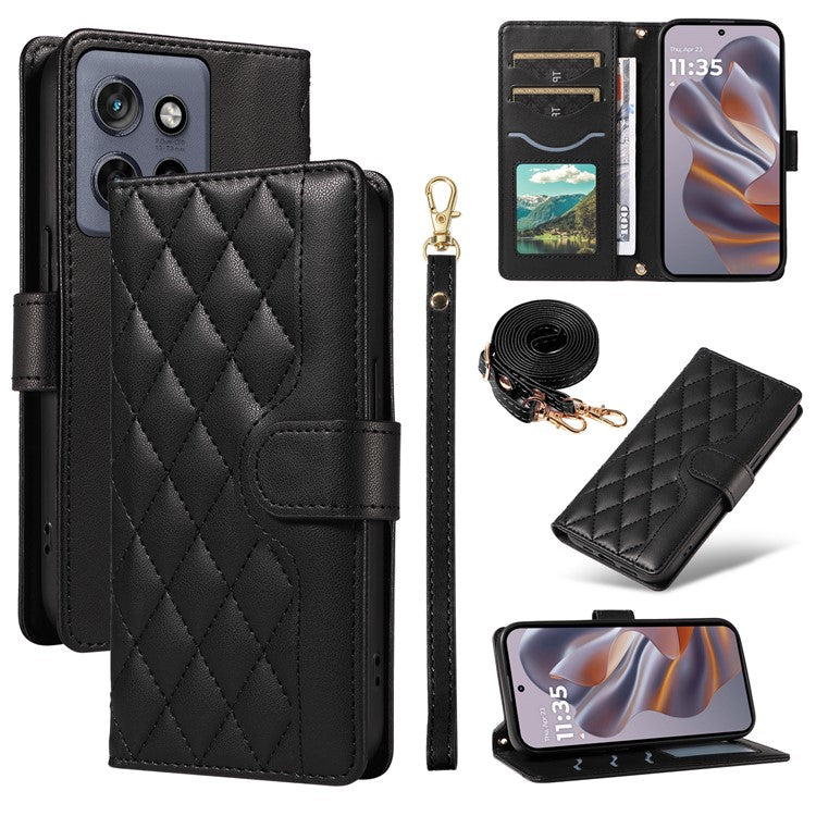 For Motorola Edge 50 Neo 5G / Moto S50 5G / Thinkphone 25 5G Case Wallet Rhombus Leather Phone Cover with Shoulder Strap, Wrist Strap - Black