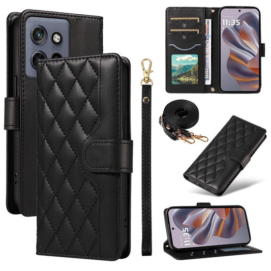 For Motorola Edge 50 Neo 5G / Moto S50 5G / Thinkphone 25 5G Case Wallet Rhombus Leather Phone Cover with Shoulder Strap, Wrist Strap - Black